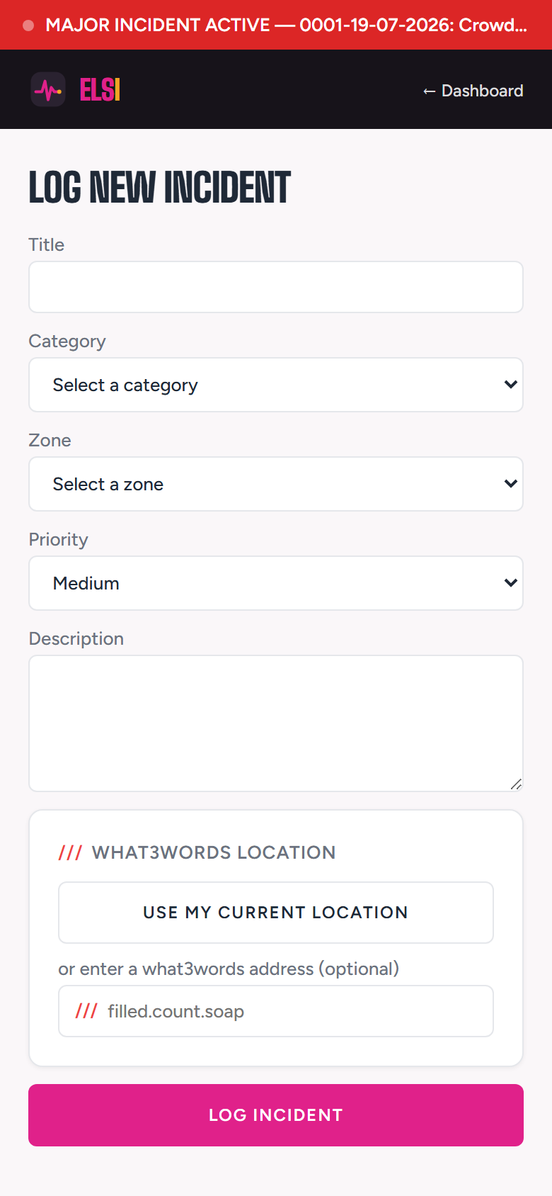 Logging a new incident in the ELSI mobile app, with a what3words location