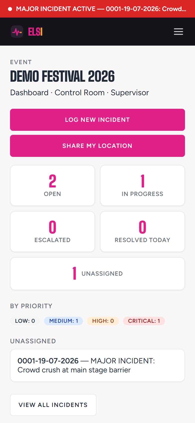 The ELSI mobile app dashboard